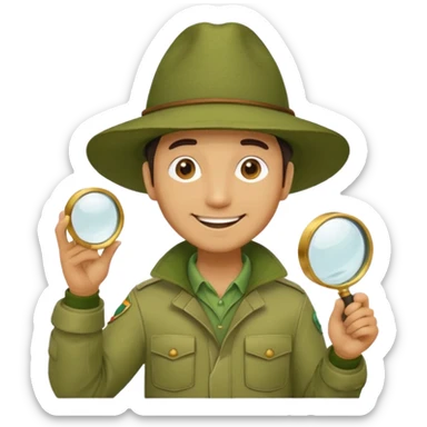  man in beige moss green explorer outfit, hat, holding magnifying glass, smile sticker
