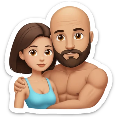 Muscular Bald man with a beard in love with his young brunette wife  sticker