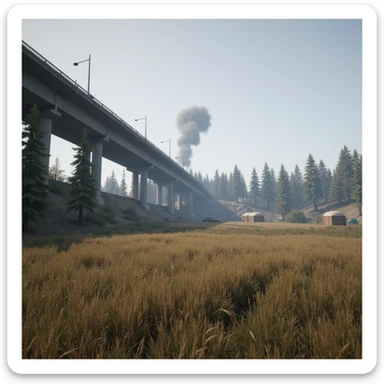  a screenshot of a location in a videogame  the image of the scene consists of: a tall above-ground freeway with a collapsed section in the distance, a wooded area, a small field of wheat, a tall workshop in the distance, and 2-foot tall sandbag wall-fortifications. distant smoke sticker