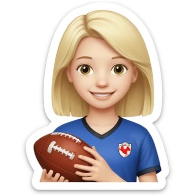 A girl with light blonde hair that looks around 13 years old with a football sticker