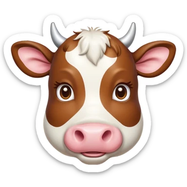 Cinematic Cute Brown and White Cow Portrait Emoji, Head tilted playfully and inquisitively, featuring a glossy, richly patterned hide of brown with striking white patches, round, sparkling brown eyes filled with gentle curiosity, Simplified yet irresistibly adorable features, highly detailed, glowing with a warm, friendly glow, high shine, affectionate and serene, stylized with a touch of country charm, bright and endearing, soft glowing outline, capturing the essence of a mischievous yet loving cow, so playful it feels like it could moo out of the screen and into your arms! sticker