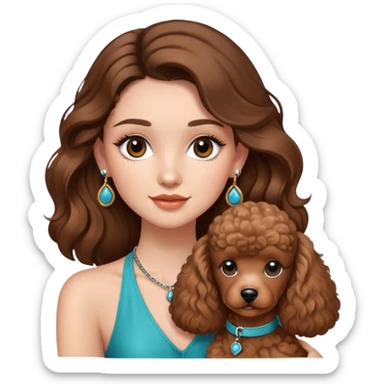 girl with long brown balayage hair and long lashes, wearing halterneck top and round earings, holding a brown poodle, sticker
