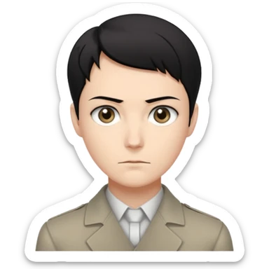 short black neat hair, sharp dull gray eyes, pale skin, serious expression, upright posture, minimal accessories, sharp and precise style. Levi Ackerman  sticker
