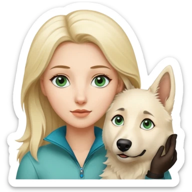 A white blonde Hair Woman with blue Green eyes with a White Shepard with a little bit beige in the fur in a lovely pose  sticker
