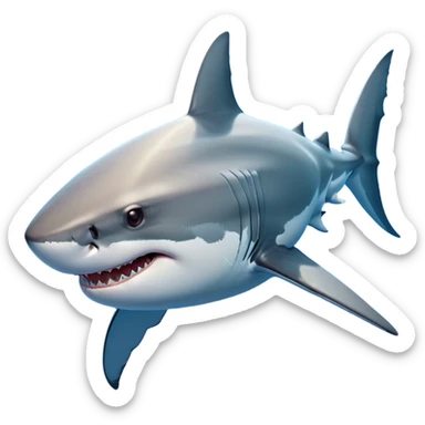 Beautiful and Majestic Great White Shark Portrait Emoji, Head and body resting peacefully with a serene, confident expression, showcasing its robust, torpedo-shaped form and a subtle, regal glint in its eyes, Simplified yet exquisitely endearing features, highly detailed, glowing with a soft, drowsy ocean light, high shine, relaxed and utterly majestic, stylized with an air of marine splendor, soft glowing outline, capturing the essence of a beautiful and majestic great white shark that feels destined to become the next viral icon of awe-inspiring ocean beauty! sticker