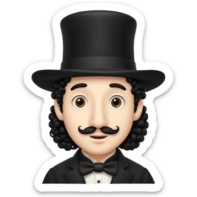 A man with a big nose and a black hat like a top hat but round and all black, with a strand of curly hair coming out from both sides of the hat, the strand of hair should be long and just 1 hair  sticker