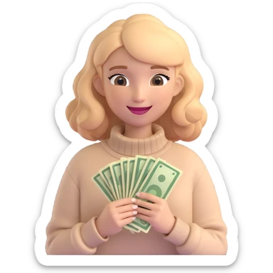 girl with rummy hair in beige sweater happy with money in hands sticker