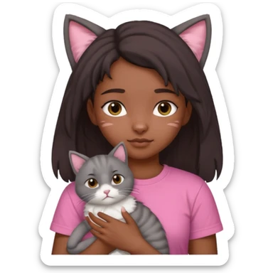 An Indian teenager girl with a pink t-shirt holding her gray cat with folded ears sticker