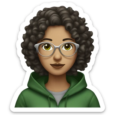 dark brown curly haired woman with dark green eyes and wearing a hoodie and wired silver glasses  sticker