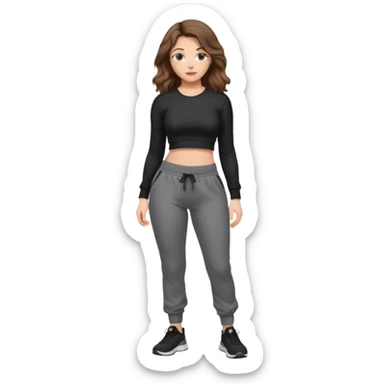 Girl with brown wavy hair, dream body ( small waist, wild hips and big glute) in black long sleev sticky top, grey jogger sticker