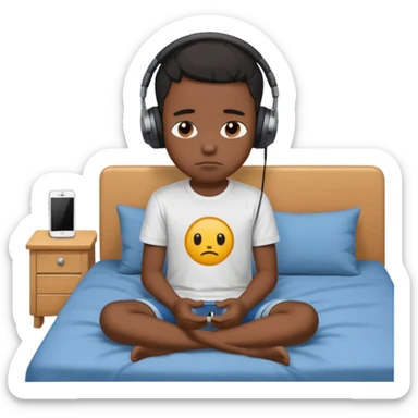 Sad black kid with headphones on sitting on a bed sticker