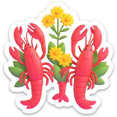 lobsters in love, one giving a flower to the other with hearts sticker