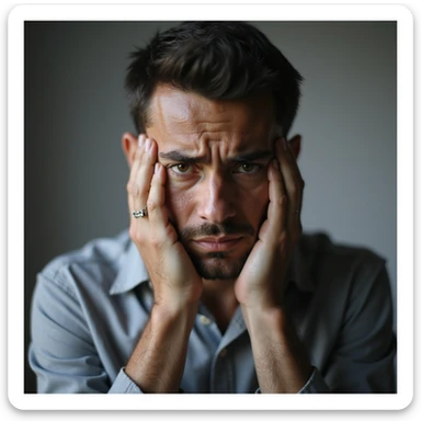 realistic 30-year-old man suffering anxiety, face in hands, tears in eyes, desperate expression, light background sticker