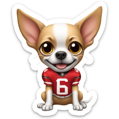 Chihuahua playing football wearing a buccaneers jersey sticker