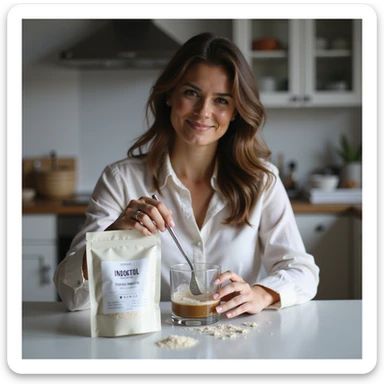 realistic photograph of a woman in a modern domestic environment, with two packages of Myo-Inositol and D-chiro-Inositol in front of her, clearly readable labels, mixing powders in a glass, satisfied expression, natural light sticker