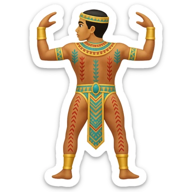 Remove the horns from the Egyptian human bull leaper in the back view 'are you entertained' pose. Add traditional Egyptian patterns. Preserve all other details. The style is emoji style. Remove the background. sticker