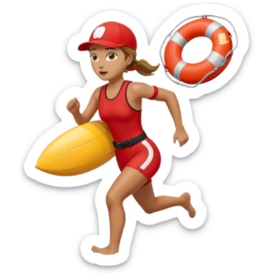 Female lifeguard – red cap, running along shore with rescue buoy sticker