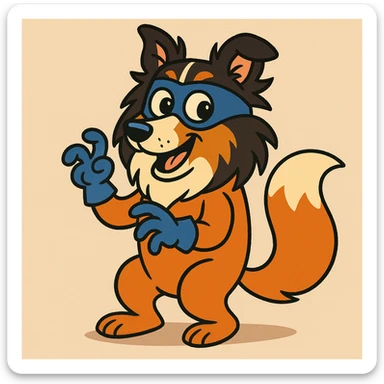 A tricolor Shetland Sheepdog dressed up as Swiper the fox from Dora the Explorer, wearing a blue mask and gloves, orange fur costume, playful and mischievous expression, cartoon style sticker