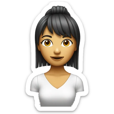 Chica con flequillo partido a la mitad y pelo rubio oscuro y piel blanca con cara de cansada y una computadora apple  sticker