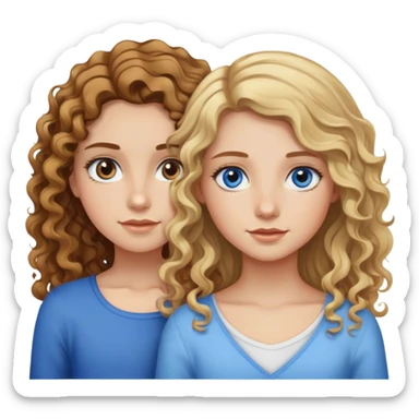 A girl with long brown wavy hair and hazel eyes next to a girl with shoulder-length curly blonde hair and blue eyes sticker