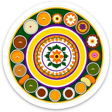 Onam celebration with pookalam flower rangoli and traditional malayali sadhya meal sticker