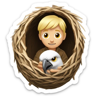 Blonde boy inside a nest eating an eagle egg, becoming an Eagler. sticker