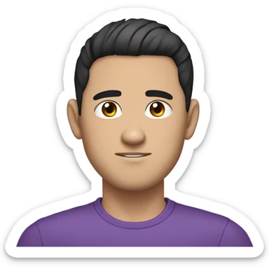 avatar in a cartoon or digital art style, representing a male character with short, modern black hair, a short beard, defined eyebrows, large expressive eyes, and wearing a purple shirt. The style resembles anime or cartoon illustrations. sticker