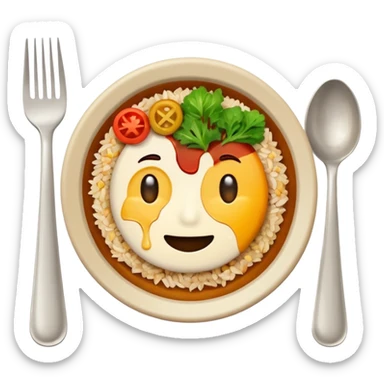  dirty plate after eating, leftover food scraps, vegetable pieces, rice grains, sauce stains on the plate, fork and spoon placed beside the plate, no face, no character, no human features, realistic food leftovers, clean and simple background, soft lighting, high quality, emoji style sticker