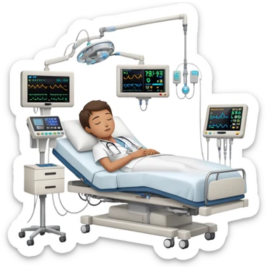 Hospital room with sleep study setup, hospital bed with sleeping patient, doctor in white coat, EEG machine, brain wave monitors, and hospital equipment sticker