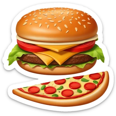 A fun fusion food emoji where a burger, pizza slice, french fries, and an apple are combined into one wacky fast food item sticker