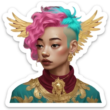 Vintage painting swirls gold jewellery baroque raven wings angel tropical Deep pink maroon burgundy cyan dark hoodie man vitiligo dyed hair gold piercings nose piercing ear piercings sticker