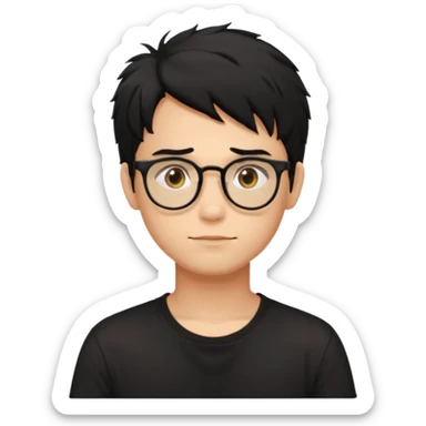 a light tan handsome boy with messy a black hair and spectacles. wearing a black tshirt sticker