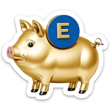 Ein stilisiertes Sparschwein, in das von oben eine Münze fällt. Daneben oder leicht dahinter ein kleines Schild, das Sicherheit symbolisiert. sticker