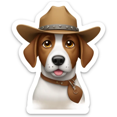 A white and brown dog with a cowboy hat  sticker