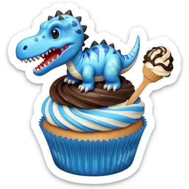 A cupcake having blue and black icing and a dinosaur as a decoration and ice cream next to it sticker