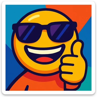 smiling emoji with sunglasses, giving a thumbs up, vibrant toon style sticker
