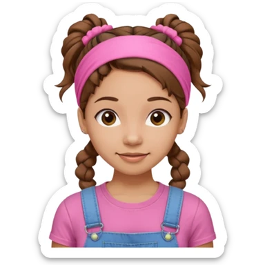 light skin woman with nice brown hair tied together in a one hairtie, wearing a pink t-shirt, demin overalls and pink wraparound hairband. expression is friendly, warm and enthusiastic.  sticker