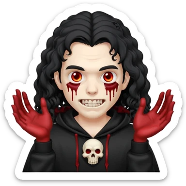 Vampire wearing a black hoodie with a skull logo on it, long curly hair that covers the forehead, fanged teeth and blood on hands sticker