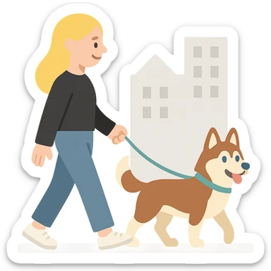 Cute Blonde woman wearing a black sweater and jeans and white sneakers walking a happy red-brown blue-eyed Siberian husky in New York City on an upper east side city sidewalk  sticker