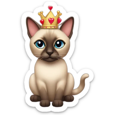 siamese cat wearing a crown with floating hearts sticker