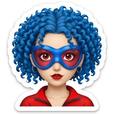 blue curly haired girl with huge earrings, wearing red paintball eye mask , only face  sticker