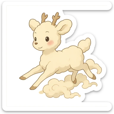 soft vanilla cloud doe with rosy cheeks, floating gracefully like a witch, ghibli style sticker