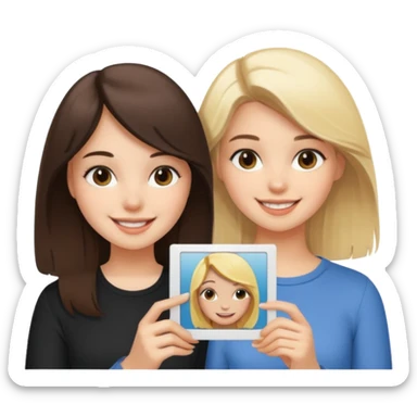 a brunette girl and a blonde girl smiling in polaroid picture sticker