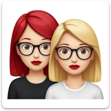 Two white girls, one has blonde hair, brown eyes and glasses and the other one has cherry red hair, brown eyes and red lips sticker
