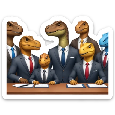 different office dinosaurs in suits sitting along the conference table sticker
