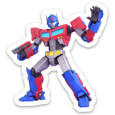 Optimus Prime in a battle pose, shiny metallic finish, action stance sticker