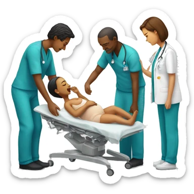 a woman gives birth and doctors stand nearby sticker