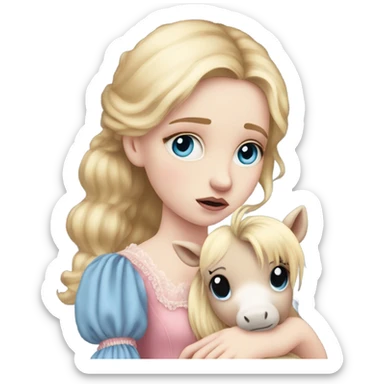 Blonde, pale skin, blue eyes girl wearing a pink dress cuddling her pony stuffed animal. She is from the Victorian era. She is sad and has tears in her eyes sticker