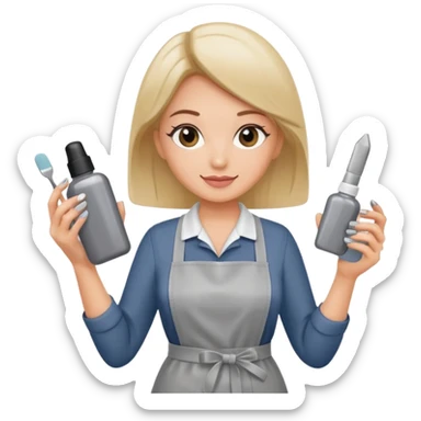 female nail master in grey apron with small gel polish in one hand and nail file in other  sticker