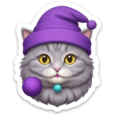 grey cat in tiny purple hat with small ball  sticker